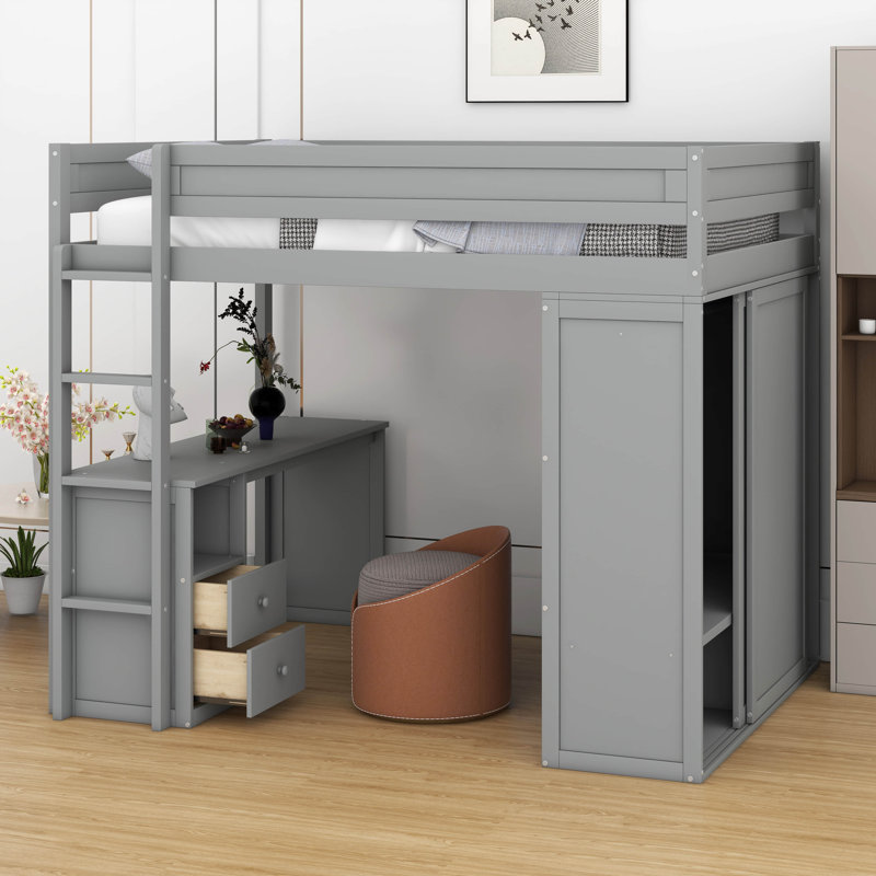 Structure de lit mezzanine en bois massif avec armoire à 2 tiroirs de rangement, lit mezzanine avec placards et bureau, Gris