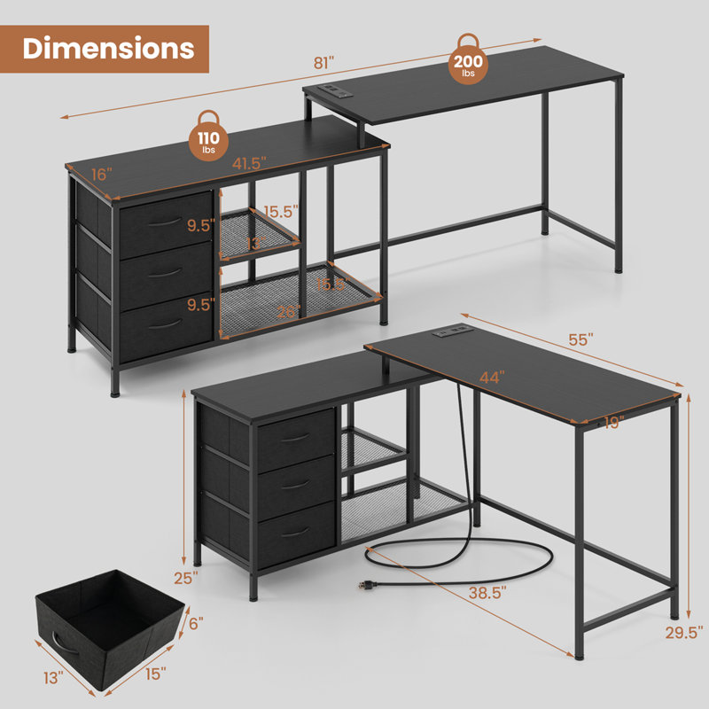 Bureau d'ordinateur en L 55 po Marayah, Noir
