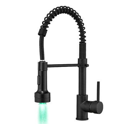 Robinet de cuisine rétractable à DEL, noir, poignée simple, bec arqué haut pour utilisation pratique