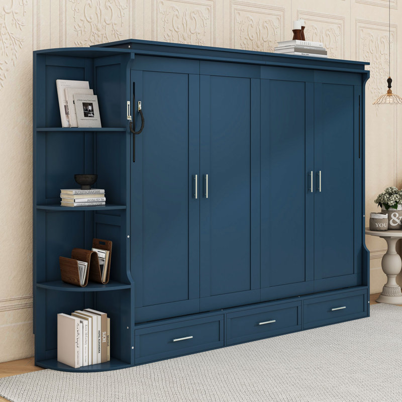 Lit escamotable en bois avec 3 tiroirs et tablettes ouvertes, Grand lit, Bleu