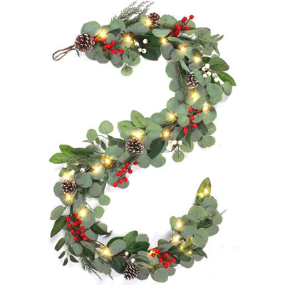 Guirlande de Noël 9 pi avec lumières, lumières multicolores / à piles / minuterie, guirlande de Noël en eucalyptus artificiel éclairé