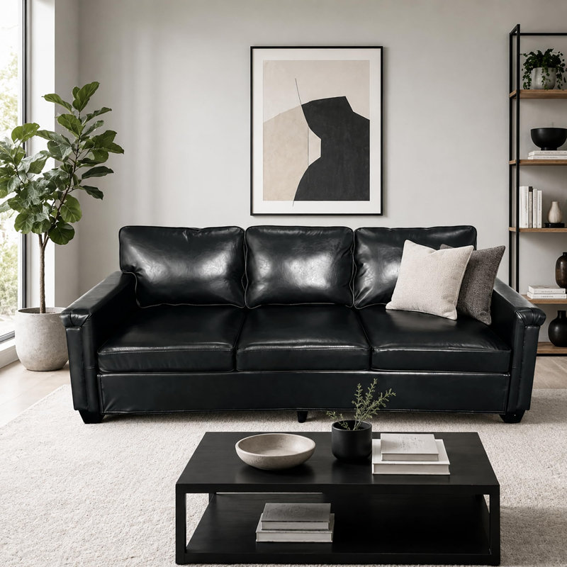 Canapé 87,8 pouces à trois places de style Chesterfield en similicuir, coussins profonds avec coussins amovibles pour les espaces domestiques et de travail, noir