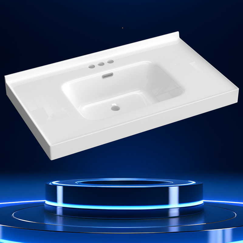 37" L x 22" W Solid Surface Single Bathroom Gloss White Integrated Vanity Top Bathroom Countertop With Center Sink With 1-3/8" H Backsplash