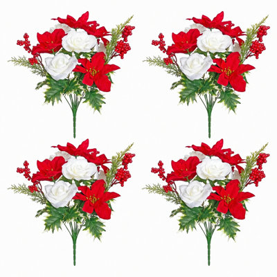 Paquet de 4, bouquet de fleurs artificielles de Noël H 16,9 po et l 11,8 po, bouquet de verdure artificielle rouge, poinsettia, baies et houx, choix de fleurs artificielles pour manteau de table de Noël, vase non inclus
