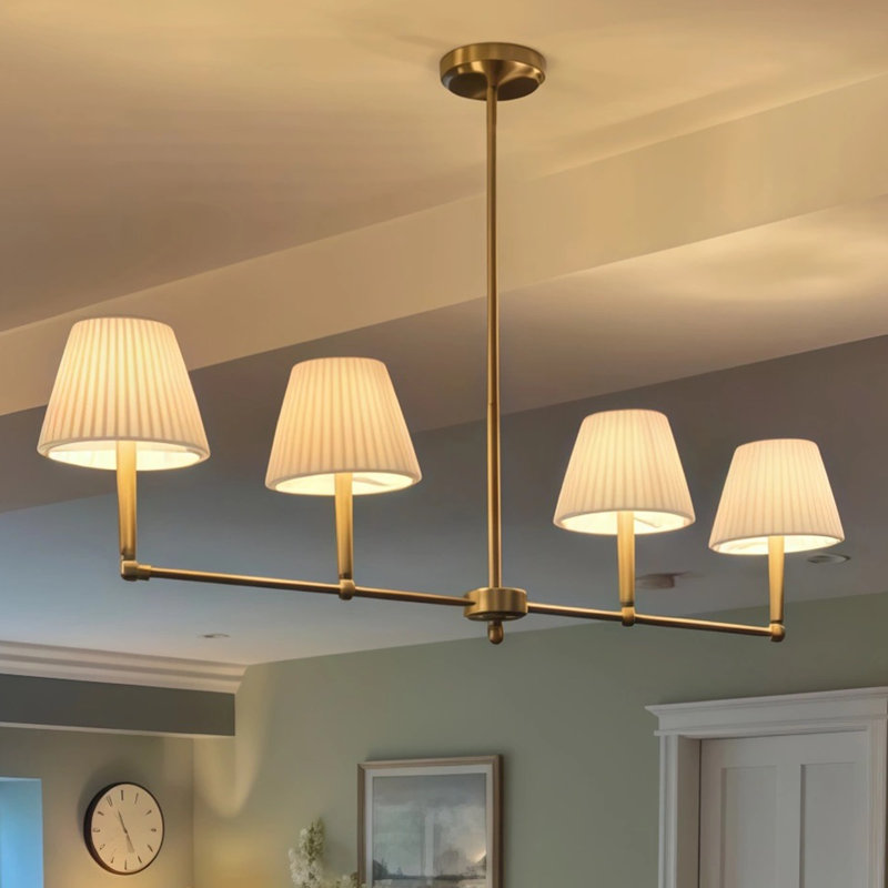 Costa 4-light 48" Adjustable Sloped Brass Pendant - Mid-century Modern Linear Iron Frame with White Linen Shades for Dining Room.