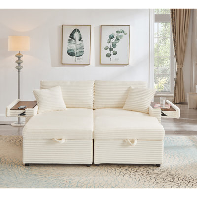 Canapé confortable moelleux en velours côtelé, espace de rangement pour grande causeuse, méridienne super douce avec repose-pieds double et plateau de table