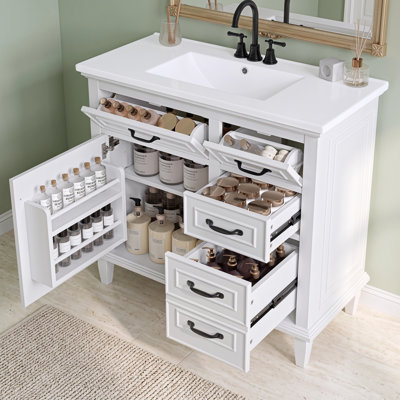 36'' Freestanding Bathroom Vanity with Ceramic Sink Top, Solid Wood Frame & Poplar Cabinet, Flip Drawers, Adjustable Shelf, Zinc Alloy Handles