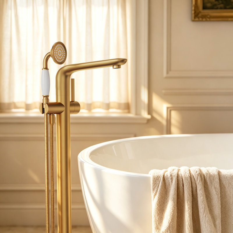 Floor Mount Tub Filler, Freestanding Roman Tub Spout with Handheld Shower, Brushed Gold