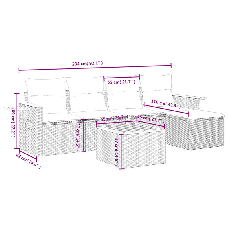  Ensemble de canapé de patio 6 pièces avec coussins en rotin de polyester gris (États-Unis seulement)