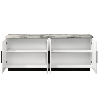 Console White Marble-Impression 63 po, 4 portes, tablette réglable, base contrastante noire, pour créer 63 po avec tentation en marbre