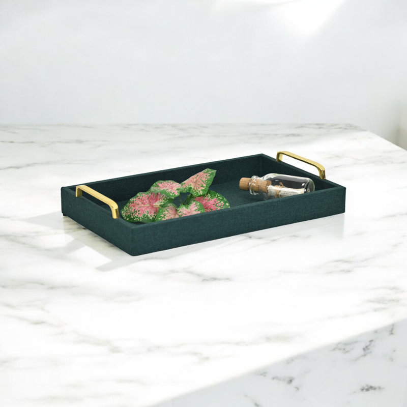 Gullickson 16" Linen Handmade Serving Tray With Handles, Dark Green
