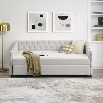 Twin Size Daybed With Twin Size Trundle Upholstered Tufted Sofa Bed, With Button On Back And Copper Nail On Waved Shape Arms