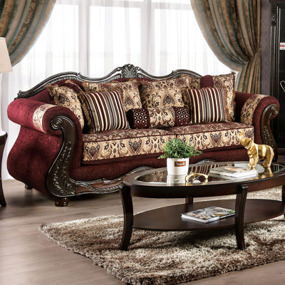 94.4" W Traditional Sofa, Burgundy/Brown