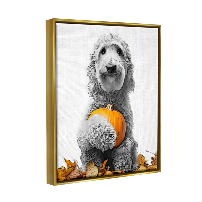 Chien et feuilles d'automne sur toile, Cadre flottant doré, H 21 po x l 17 po x P 1,7 po