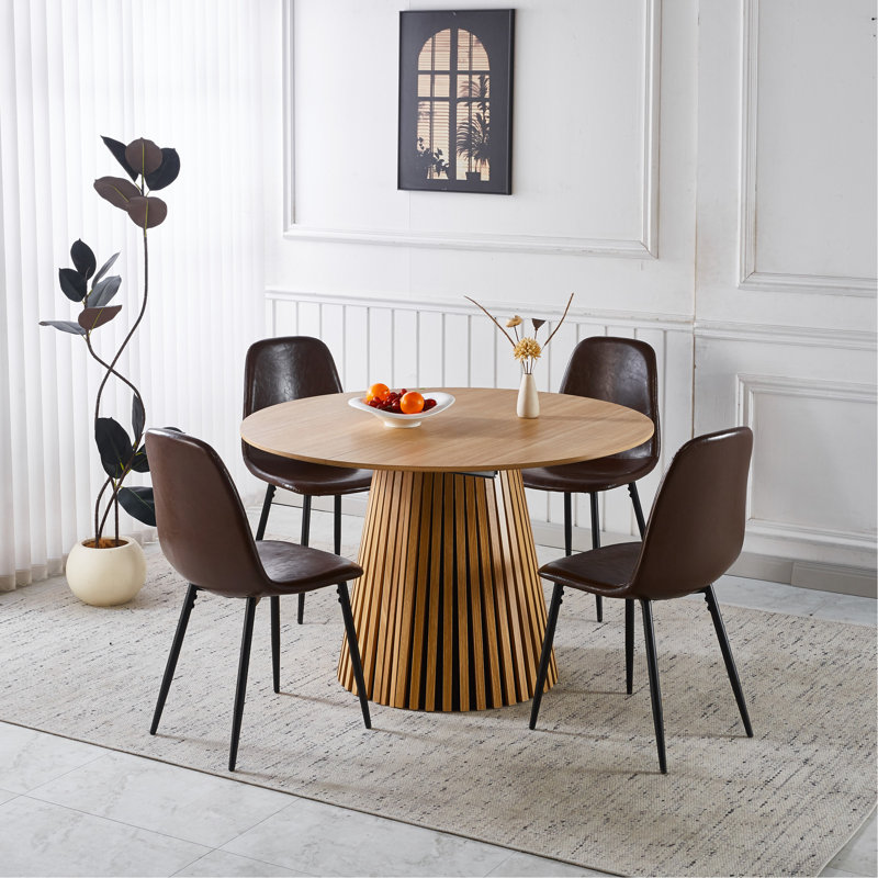 Ensemble de salle à manger 1 + 4,5 pièces, table de salle à manger à pieds en métal pour 4-6 personnes avec plateau en panneau de fibres à densité moyenne, table de salle à manger à piédestal, table basse de loisirs