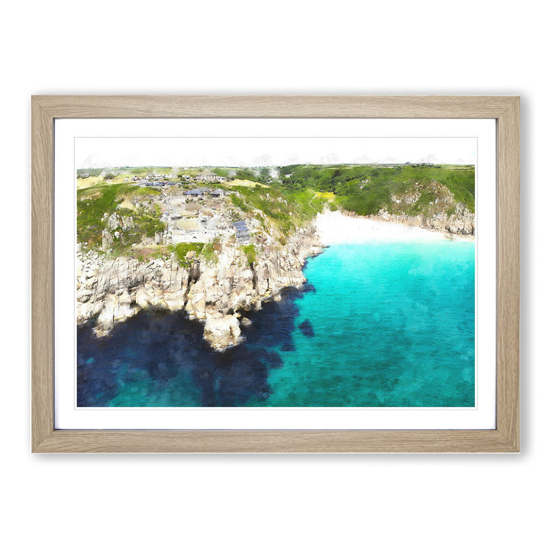 Porthcurno Beach in Cornwall - Picture Frame Graphic Art, 27cm H x 36cm W x 2cm D, Oak Framed