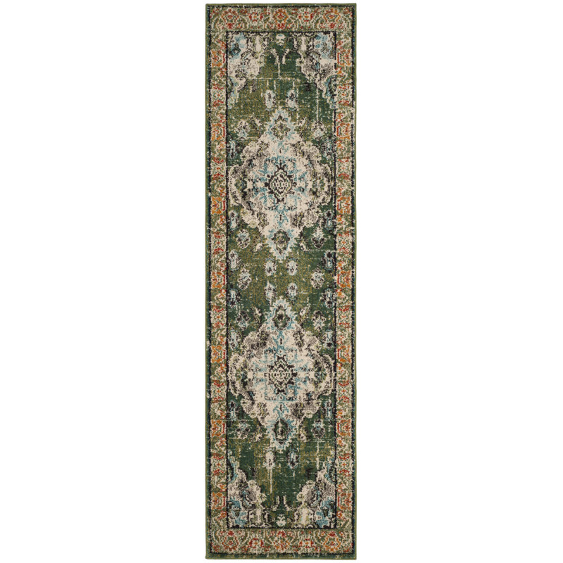 Almyra Oriental Area Rug, Runner 2'2" x 6', Forest Green/Light Blue