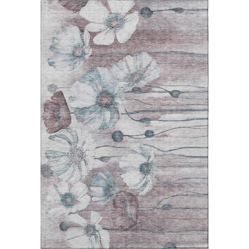 3' X 5' Teal Mauve And Ivory Floral Washable Area Rug With UV Protection