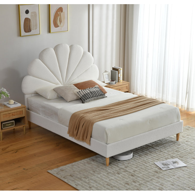 Shell Upholstered Bed with High Headboard, Cream, Queen