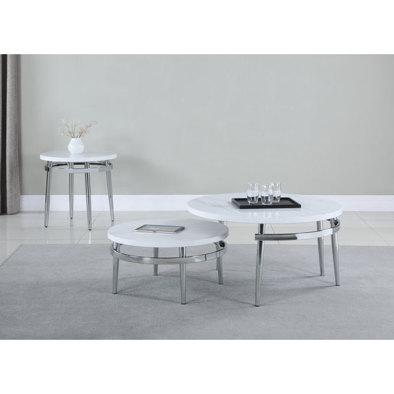 Calise Round End Table in White and Chrome