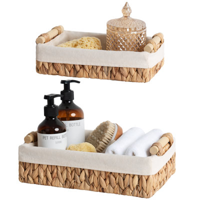 Wicker Storage Basket with Liner and Wood Handle for Bathroom, Living Room, Water Hyacinth