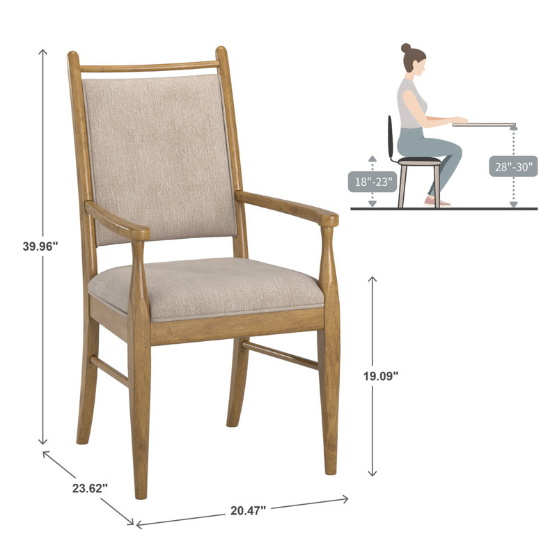 Cipolla Wood Finish Beige Fabric Arm Chair, Oak Wood