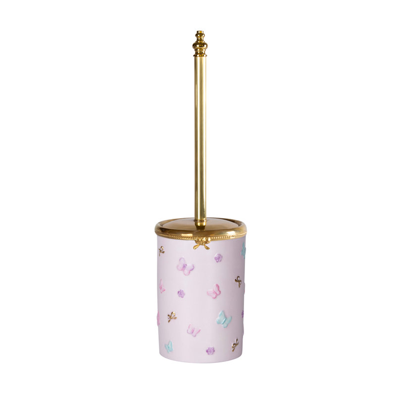 Brosse et support de toilette en porcelaine 16,92 po Butterfly, Rose bébé / or