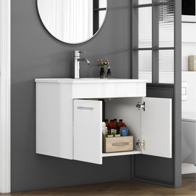 Wall - Mounted 24 Inch Bathroom Vanity With Sink, Double Door Cabinet, Soft Close Hinges, Long Metal Handles, Smooth Glossy White Basin, Frame Sink , Mounted, Doors, Ceramic Easy To Clean, Material