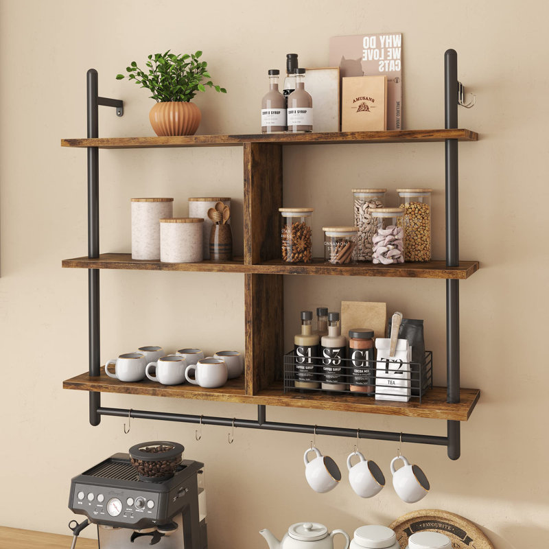 Kitchen Shelves Wall Mounted Floating Shelving,3 Tier 41.5" Coffee Bar Shelf with Holder,For Kitchen, Rustic Brown
