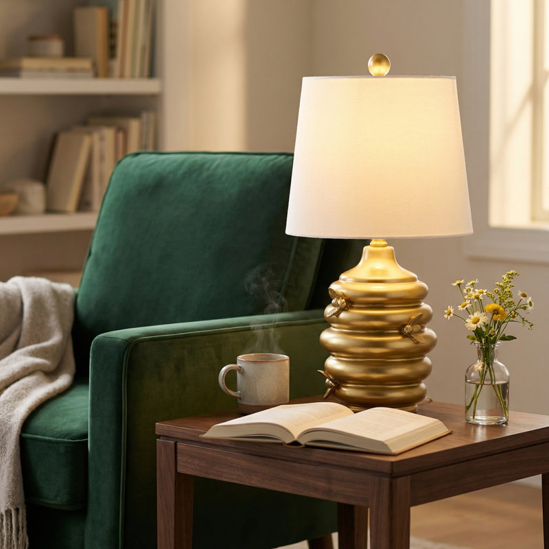 24.5" Resin Honeycomb Table Lamp With Shade, Gold