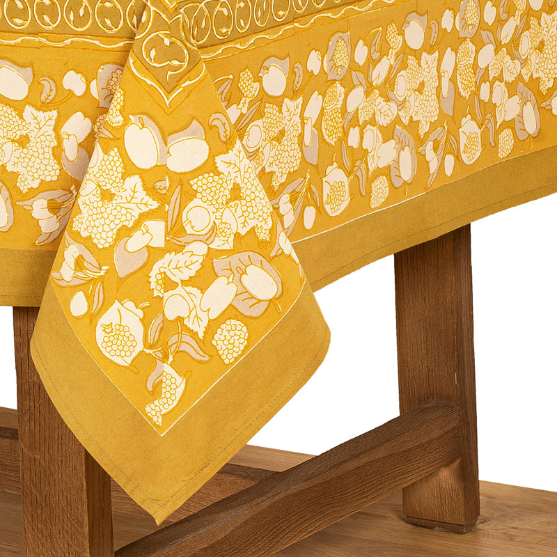 Forest Harvest Handmade Floral Tablecloth, Mustard/Gray, 71" x 71"