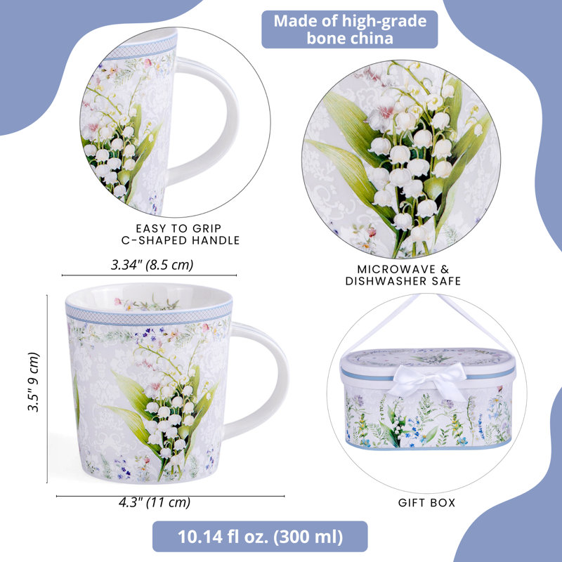 Lily of the Valley White Ceramic Floral Mug Set