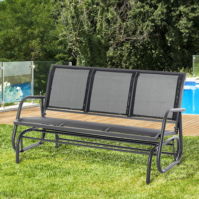 Outsunny 3-Person Patio Glider Bench, Outdoor Porch Glider Swing With 3 Seats, Breathable Mesh Fabric, Metal Frame, Black