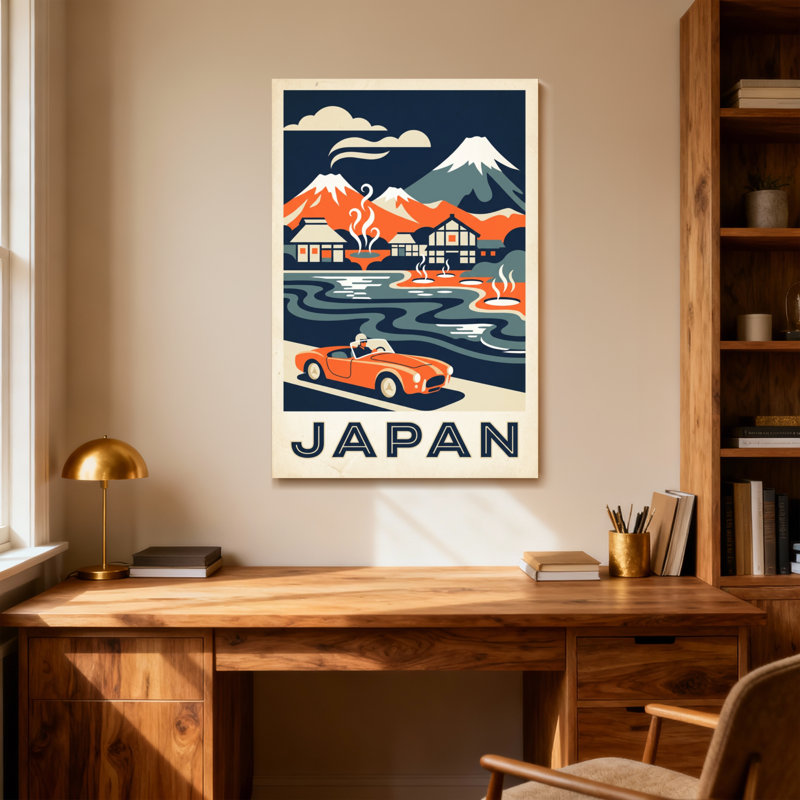 Paysages pittoresques et urbains, Japon, lac, voiture, maison, nuage, ciel, H 24 po x l 16 po