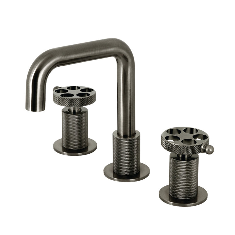 Kingston Brass Webb Two-Handle 3-Hole Deck Mount Widespread Bathroom Faucet with Knurled Handle and Push Pop-Up Drain
