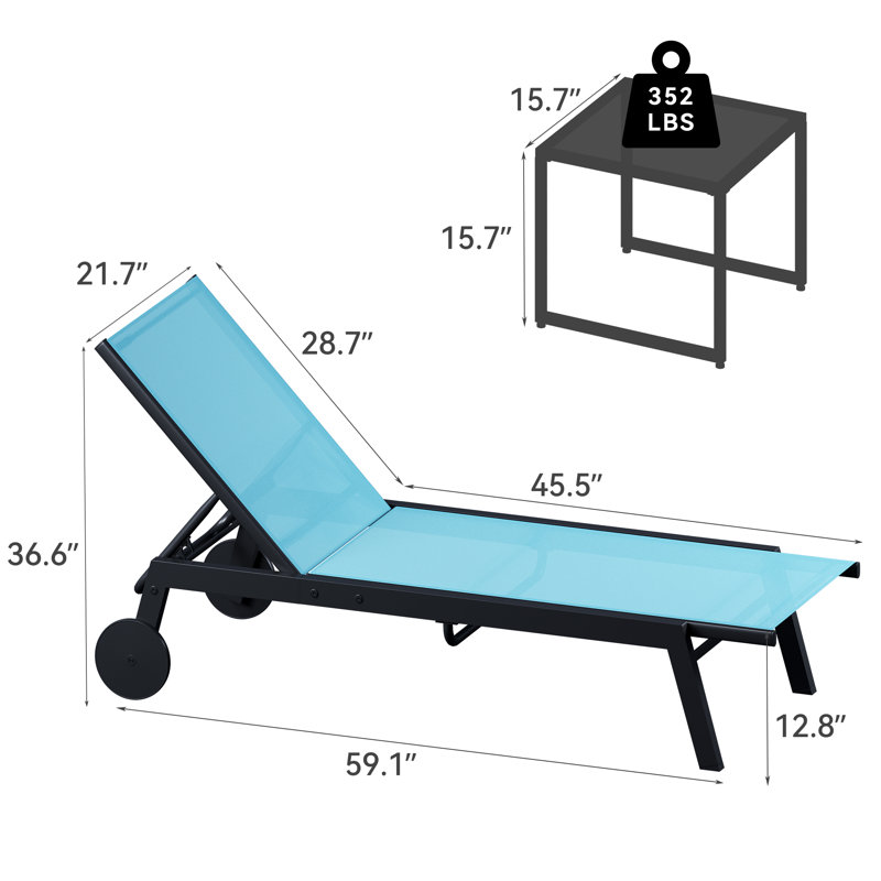Chaise longue inclinable longue 65,3 po avec table, Bleu