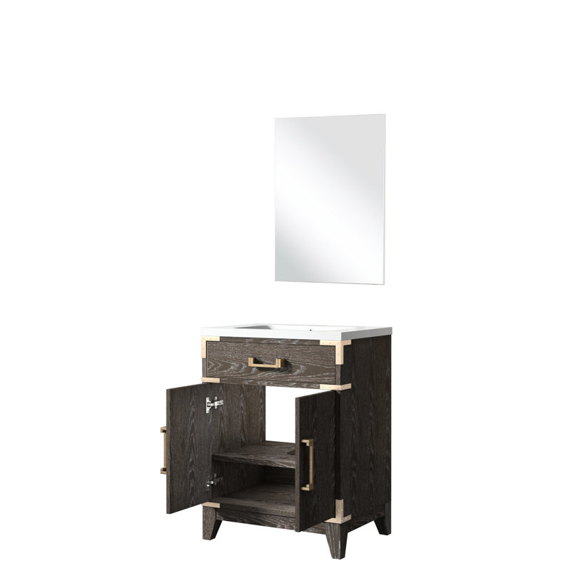 Meuble-lavabo en chêne brun avec unité de rangement - 61 cm L x 46 cm P, comptoir en acrylique et miroir, fermeture amortie