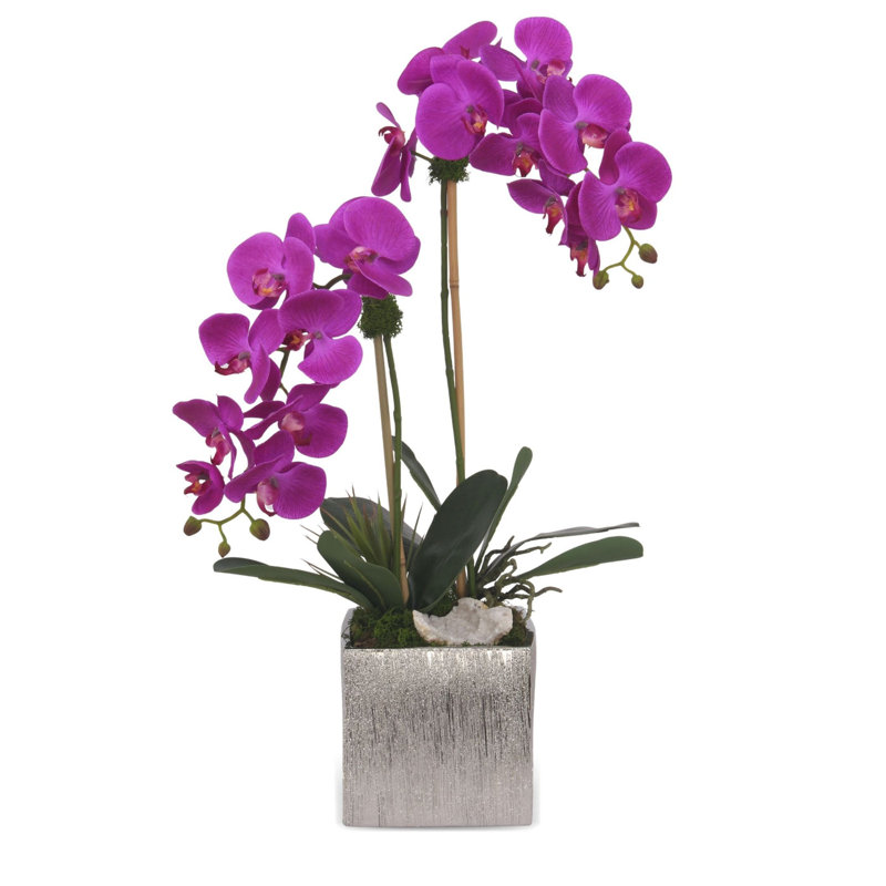 Purple and White Orchid Arrangement in Silver Ceramic Pot