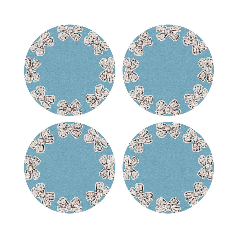Pearl Bow Colony Vegan Leather Round Coasters, Blue Bell