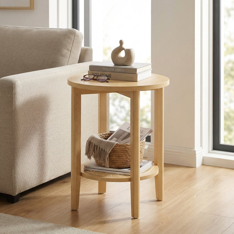Connhal Round 2-Tier End Table with Rattan Shelf, Oak Beige