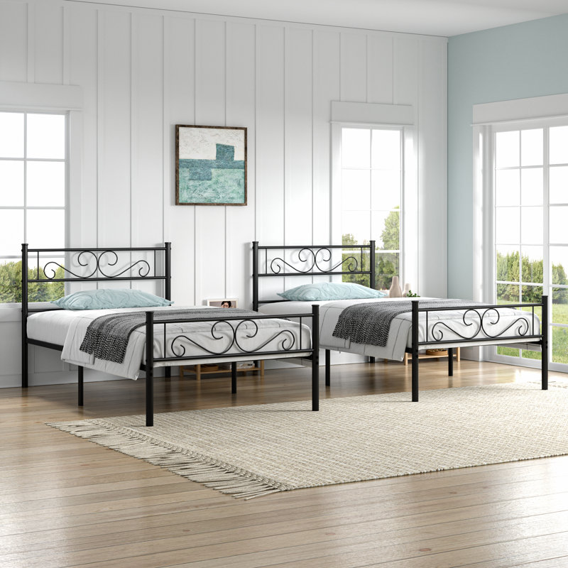 2 Set Bed Frame, 2 Pcs Twin Size Metal Platform Bedframe with Headboard & Footboard, Mattress Foundation with Steel Slat Support, Underbed Storage, No Box Spring Needed (Set of 2)