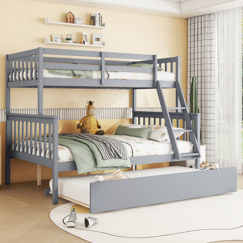 Lit simple superposé en bois d'hévéa avec lit gigogne, gris
