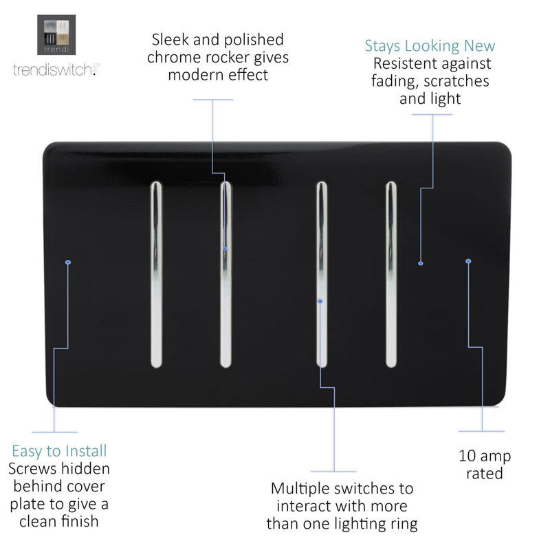 Trendi Switch 4 Gang 1 or 2 Way Light Switch, Gloss Black