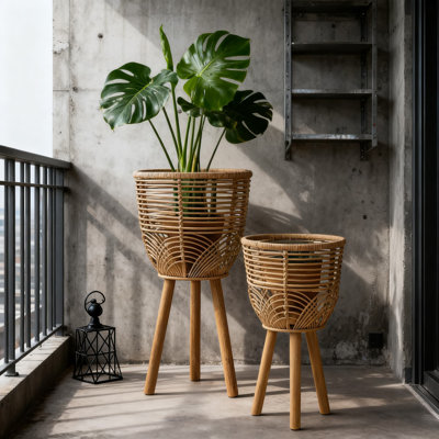 Ensemble de 2 jardinières en rotin avec supports en bois, pots de plantes tissés Boho pour une utilisation intérieure et extérieure dans le salon, la chambre à coucher ou le jardin