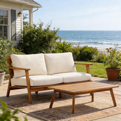 Liz Outdoor 2-Piece Acacia Wood Conversation Set With Loveseat  & Slatted Coffee Table