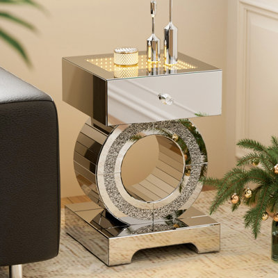 Table d'appoint moderne à miroir avec éclairage DEL et tiroir, fini diamant concassé, piètement en forme de O, idéale pour le salon, la chambre et le bureau, argent.