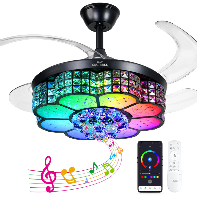 Ventilateur en cristal de 42 po avec éclairage coloré, haut-parleur intégré, télécommande et contrôle d'application, pales réversibles à 6 vitesses, ventilateur à DEL 3 couleurs à intensité variable avec mémoire de température de couleur