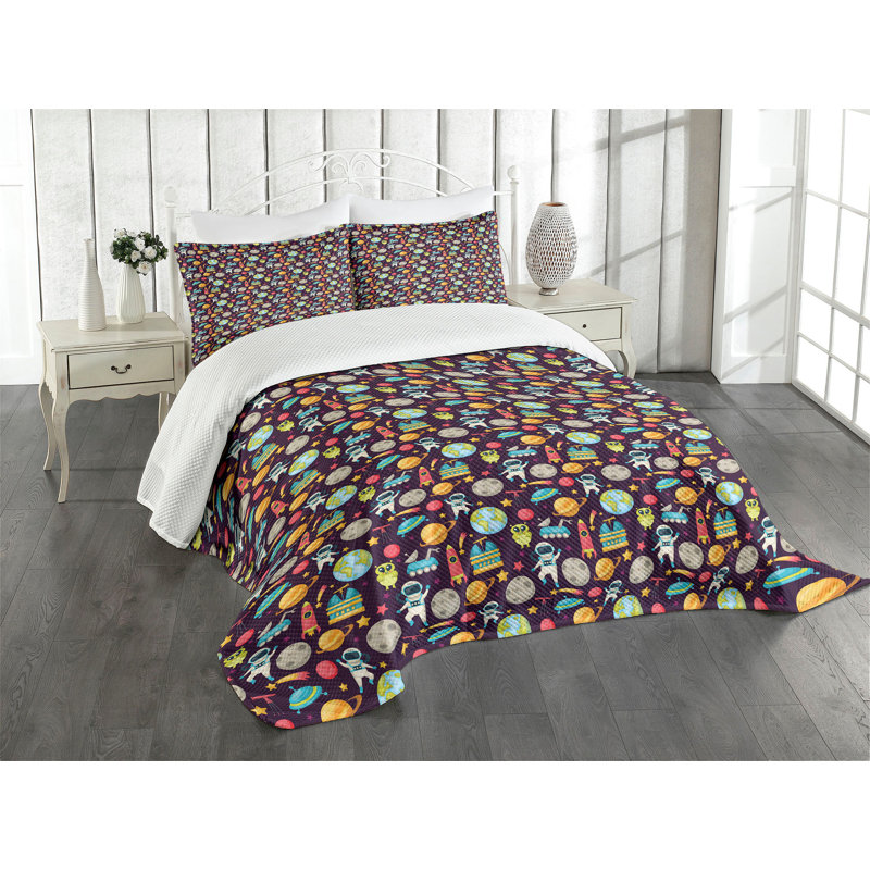 Ambesonne Space Bedspread Set Galaxy Party Pattern Multicolor, King Bedspread + 2 Standard Shams