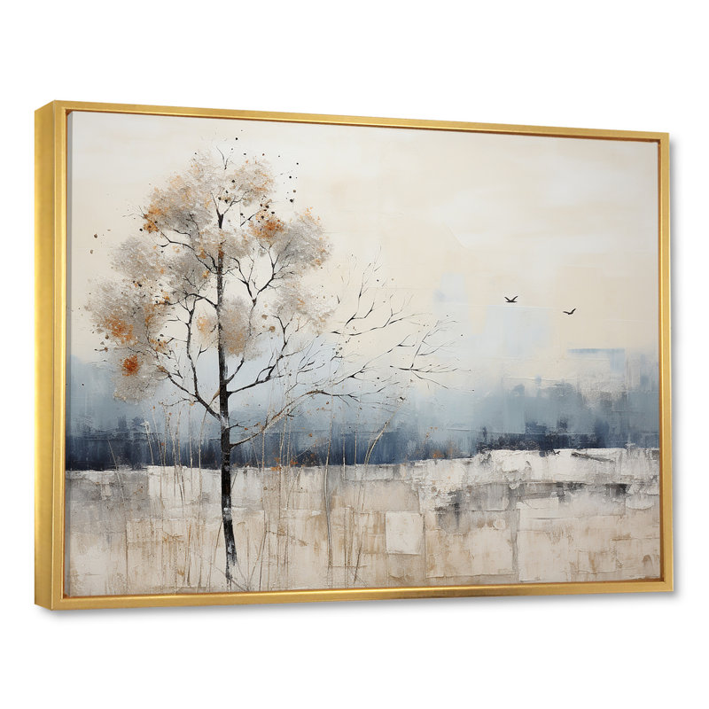 Minimalisme beige et bleu campagne II - impressions sur toile campagne, H 24 po x l 32 po x P 1 po, Cadre flottant doré