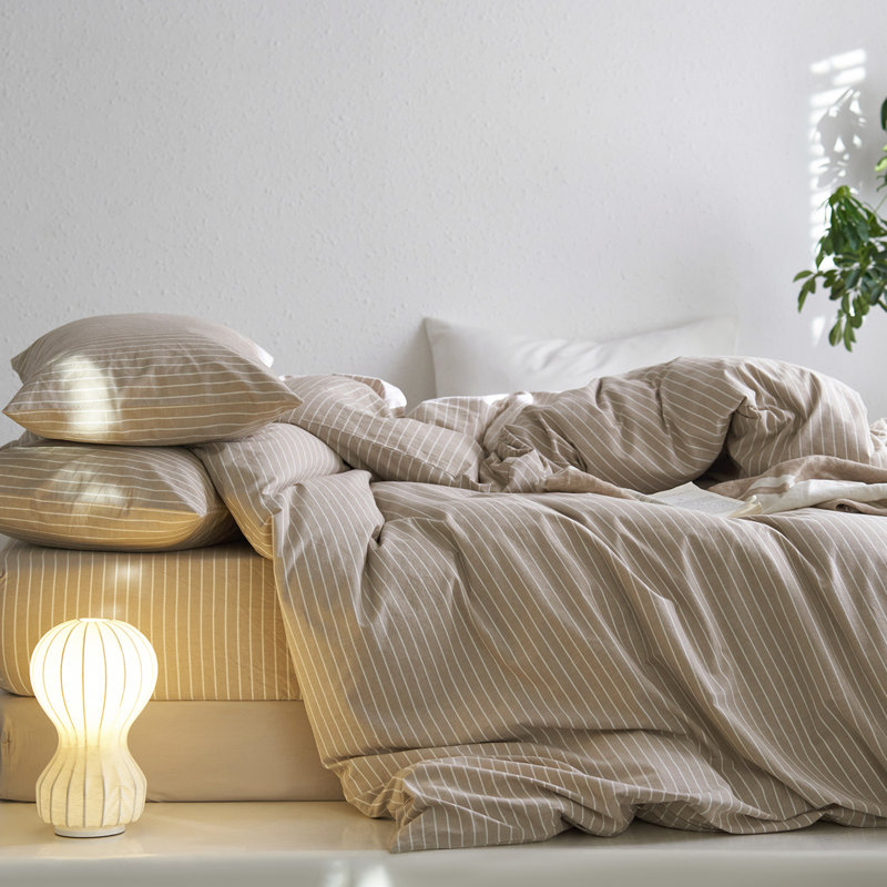 MooMee Striped Duvet Cover Set 100% Washed Cotton Linen Like Textured, Wide Stripes - Tannish Linen Gray/White